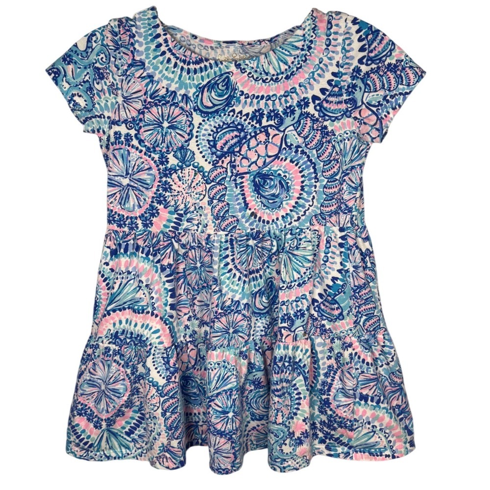 LILLY PULITZER Girls Mini Geanna Short Sleeve Dress, Blue Grotto Commotion, 6-7